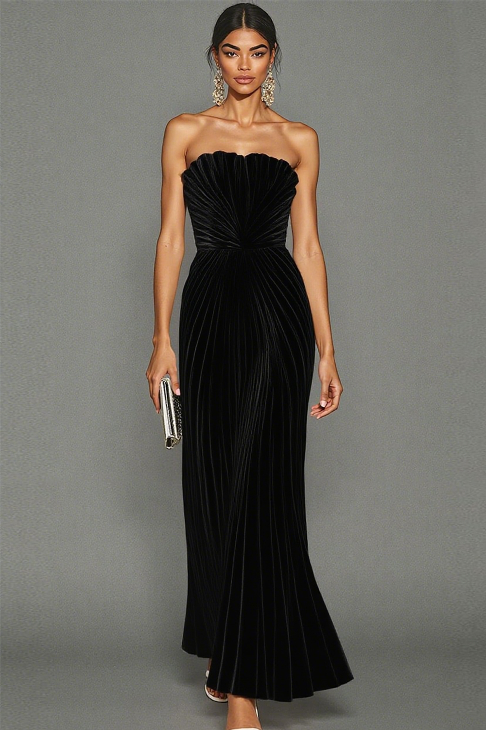 White Sheath Pleated Strapless Maxi Wedding Reception Dress