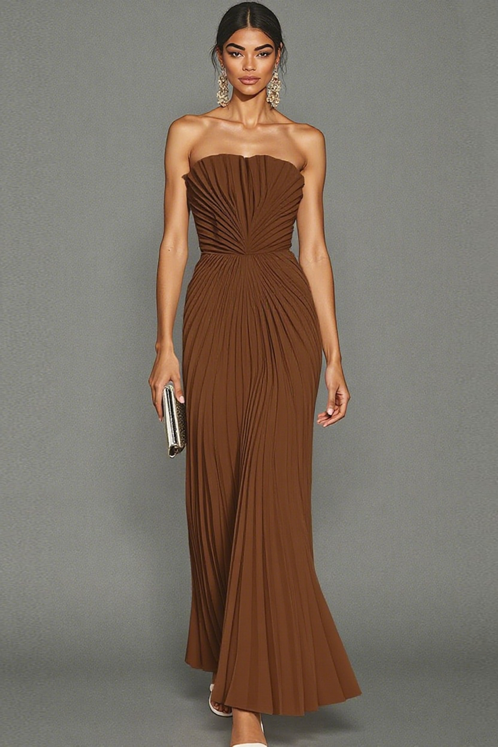 White Sheath Pleated Strapless Maxi Wedding Reception Dress