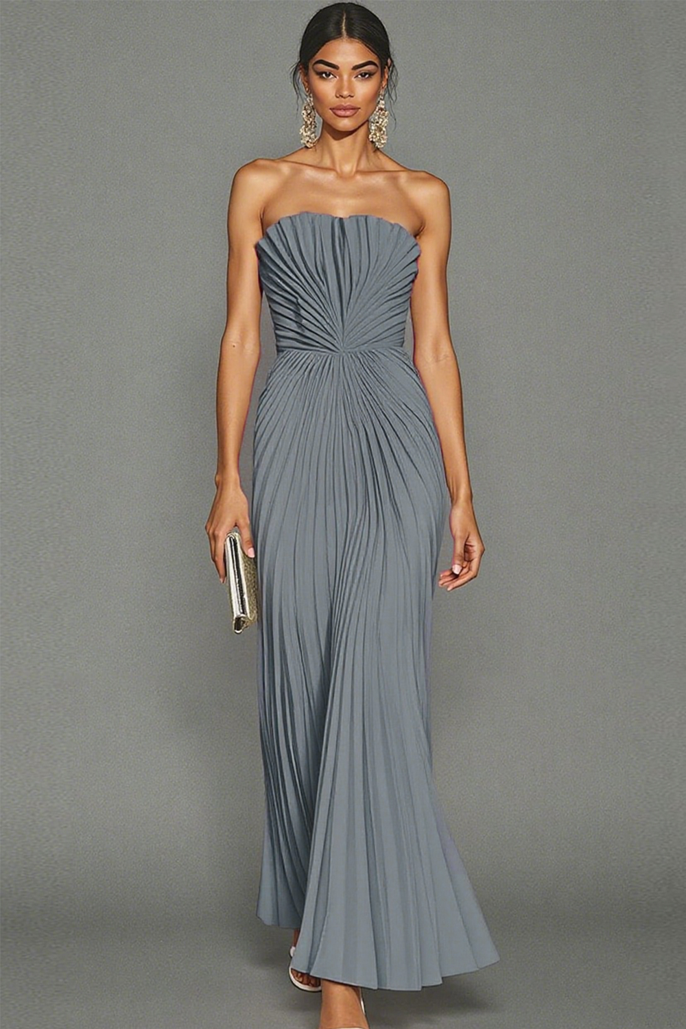 White Sheath Pleated Strapless Maxi Wedding Reception Dress