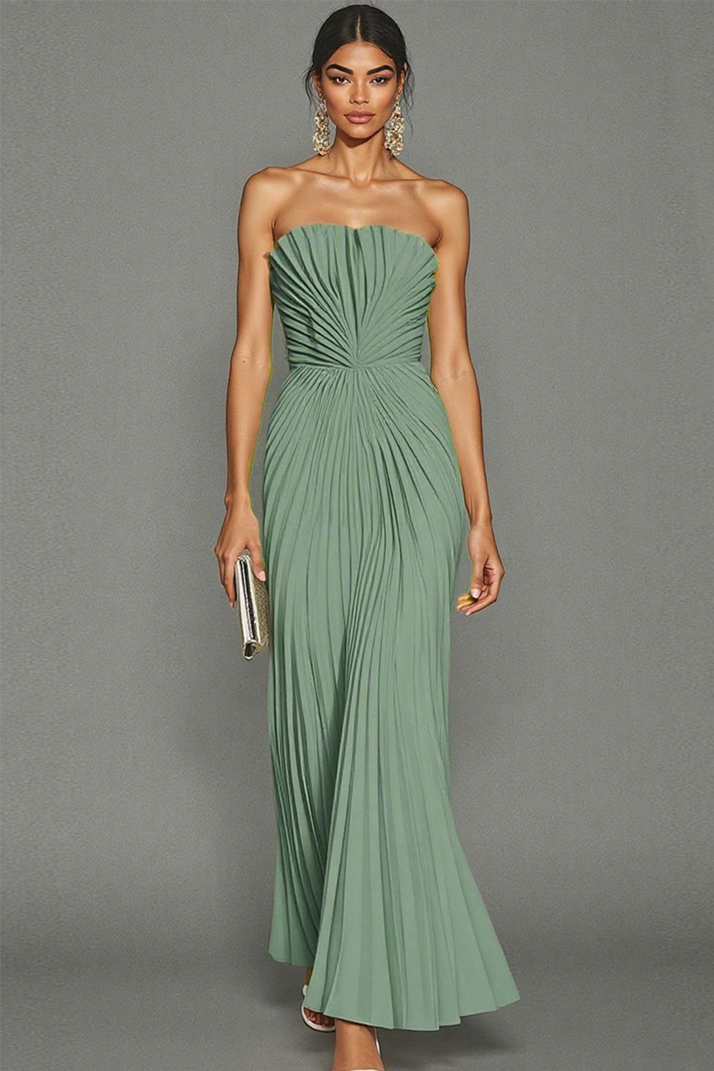 White Sheath Pleated Strapless Maxi Wedding Reception Dress