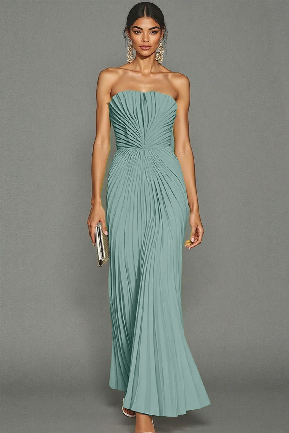 White Sheath Pleated Strapless Maxi Wedding Reception Dress