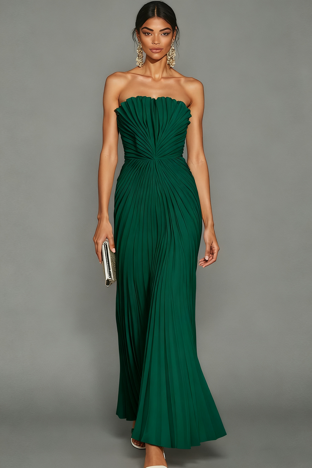 White Sheath Pleated Strapless Maxi Wedding Reception Dress