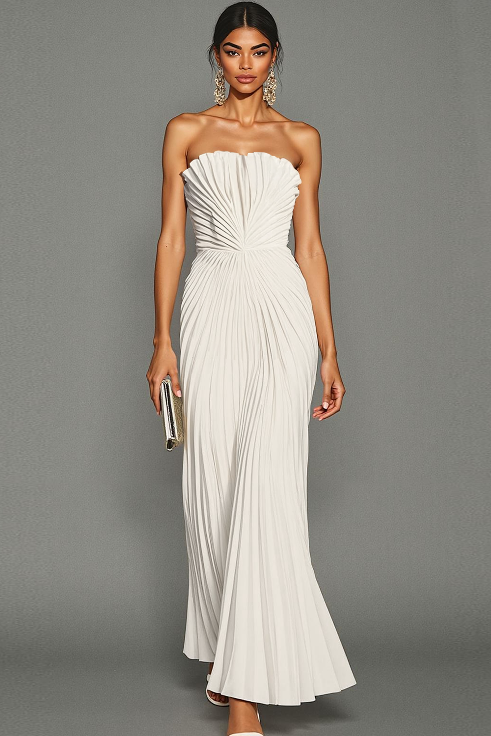 Leely Women White Sheath Maxi Wedding Reception Dress Pleated Strapless Engagement Dress