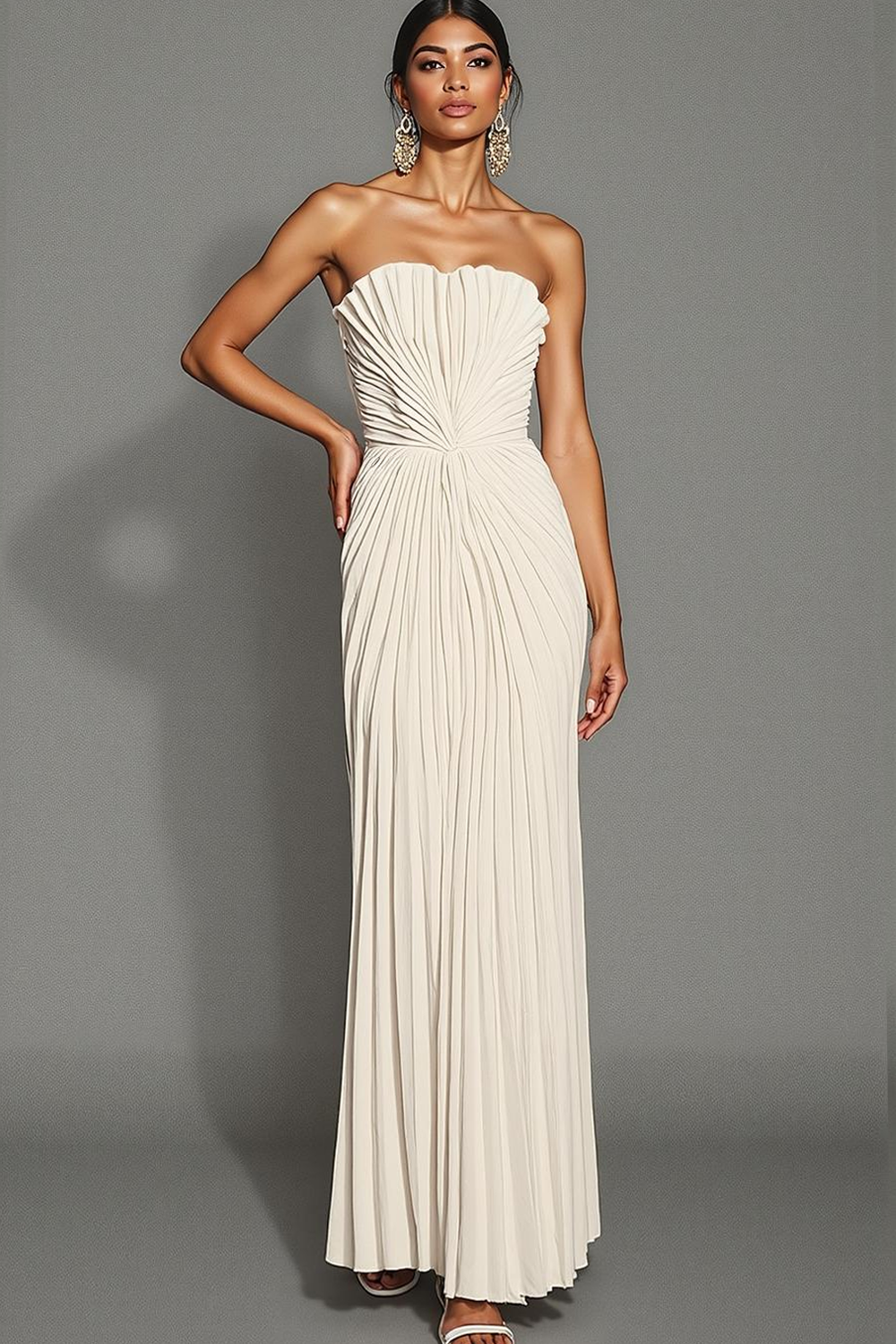 White Sheath Pleated Strapless Maxi Wedding Reception Dress