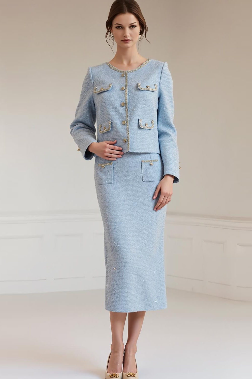 Leely Women Light Blue Pencil Work Dress with Sleeves 2 Piece Midi Business Dress with Buttons