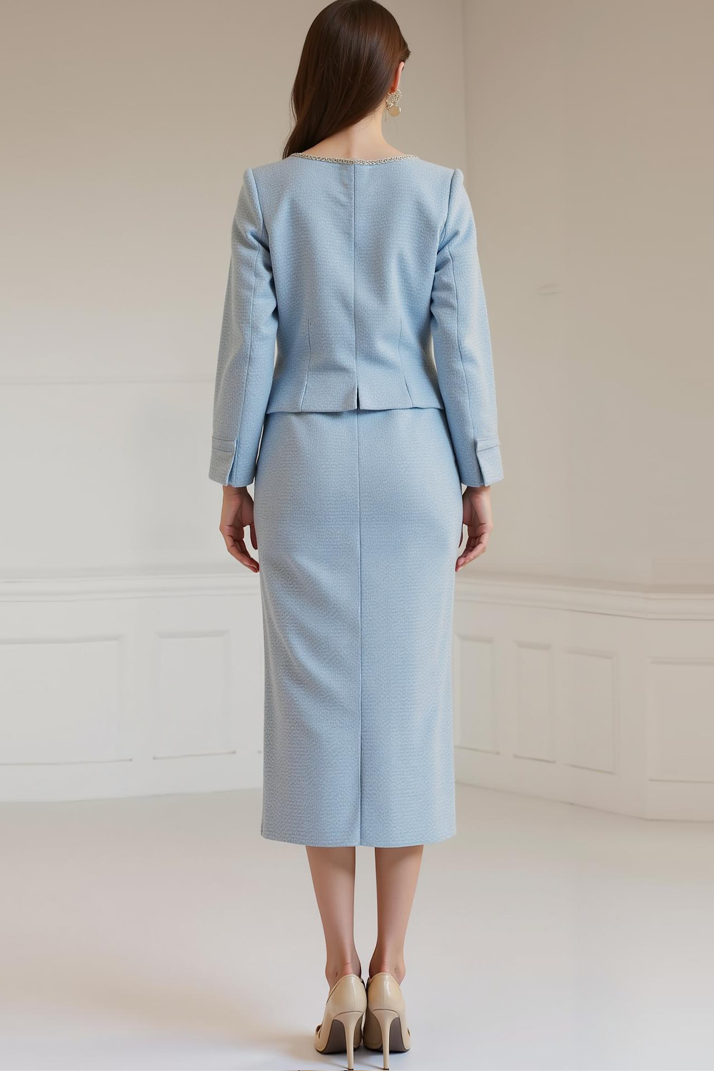 Light Blue Pencil 2 Piece Midi Work Dress with Sleeves