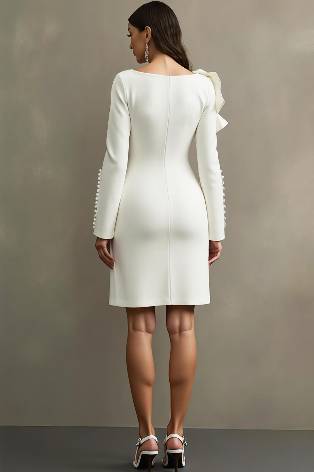 White Bodycon Boat Neck Short Formal Dress with Flower