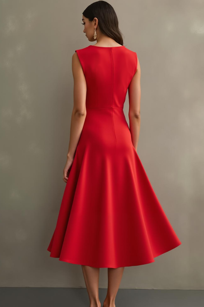 Red Sheath Midi Sleeveless Formal Dress with Ruffles