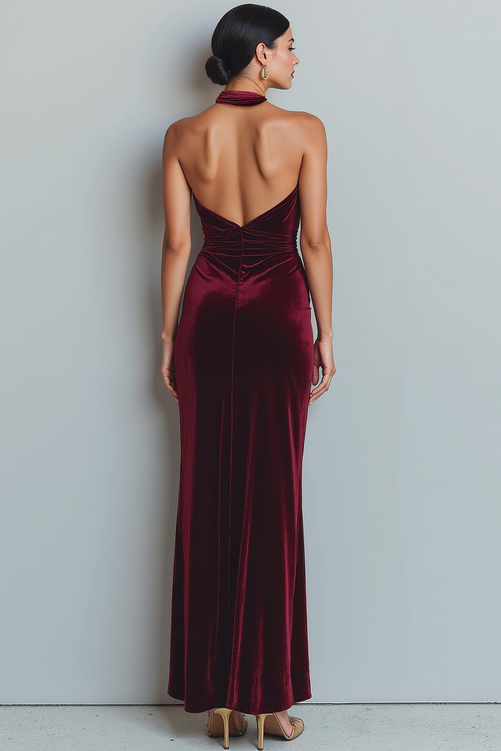 Cabernet Halter Mermaid Long Velvet Formal Dress
