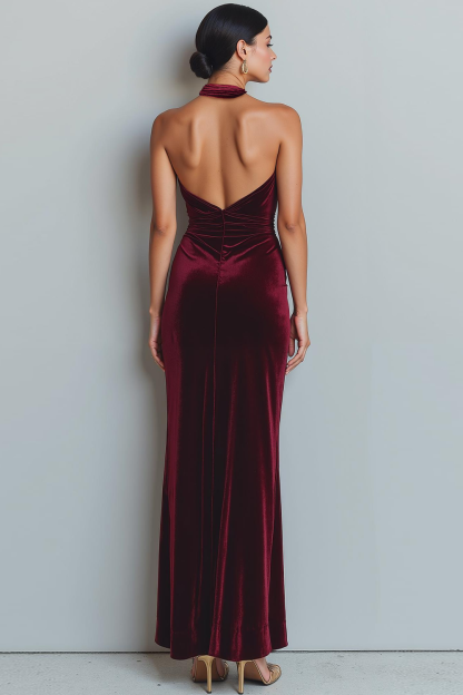 Cabernet Halter Mermaid Long Velvet Formal Dress