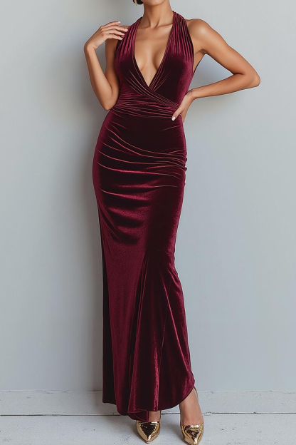 Cabernet Halter Mermaid Long Velvet Formal Dress
