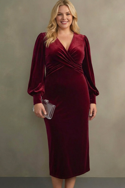Cabernet Sheath V-Neck Midi Velvet Formal Dress