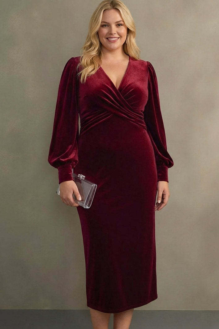 Cabernet Plus Size Velvet Midi Sheath V-Neck Formal Dress with Sleeves