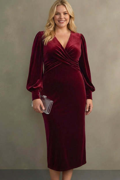 Cabernet Plus Size Velvet Midi Sheath V-Neck Formal Dress with Sleeves