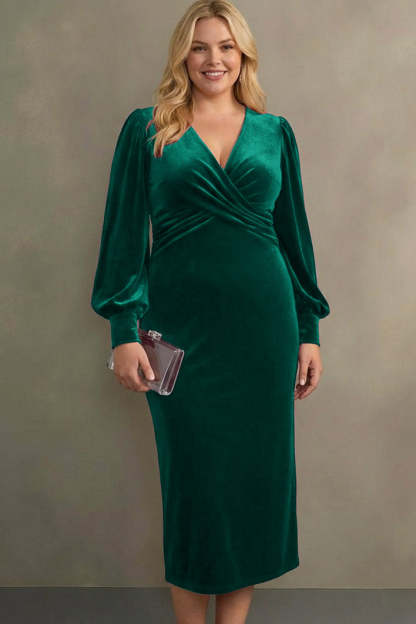 Cabernet Plus Size Velvet Midi Sheath V-Neck Formal Dress with Sleeves