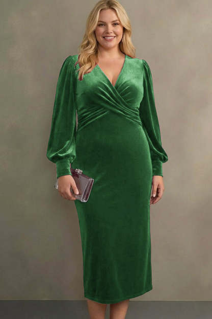 Leely Women Cabernet Plus Size Sheath Velvet Formal Dress V-Neck Midi Holiday Party Dress with Sleeves