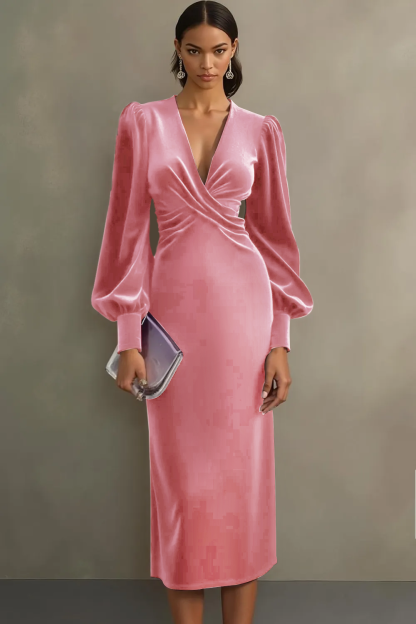Cabernet Sheath V-Neck Midi Velvet Formal Dress