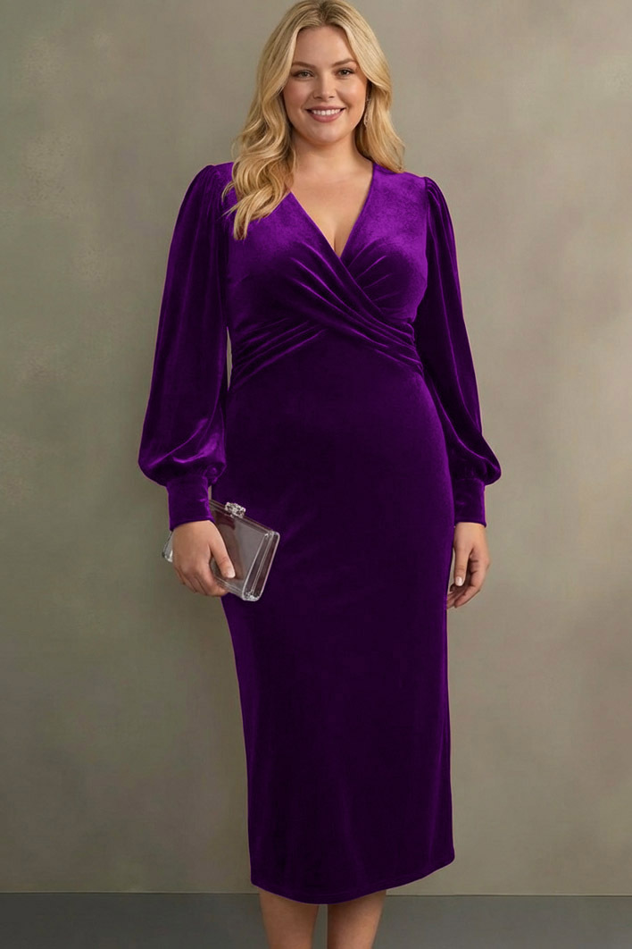 Cabernet Sheath V-Neck Midi Velvet Formal Dress