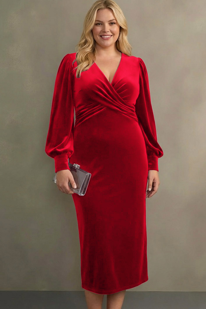 Cabernet Sheath V-Neck Midi Velvet Formal Dress