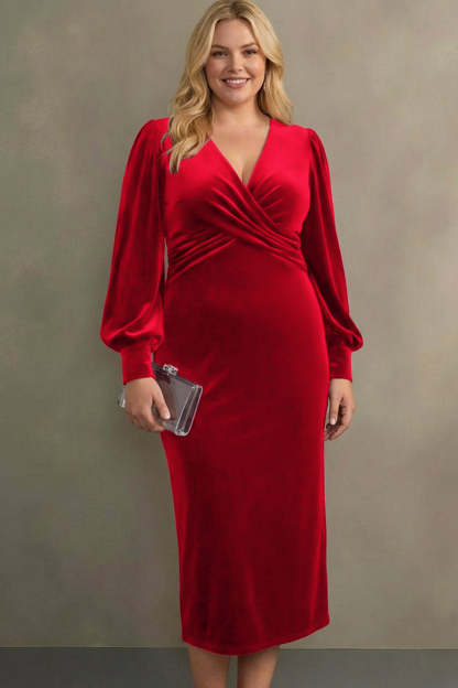 Cabernet Plus Size Velvet Midi Sheath V-Neck Formal Dress with Sleeves