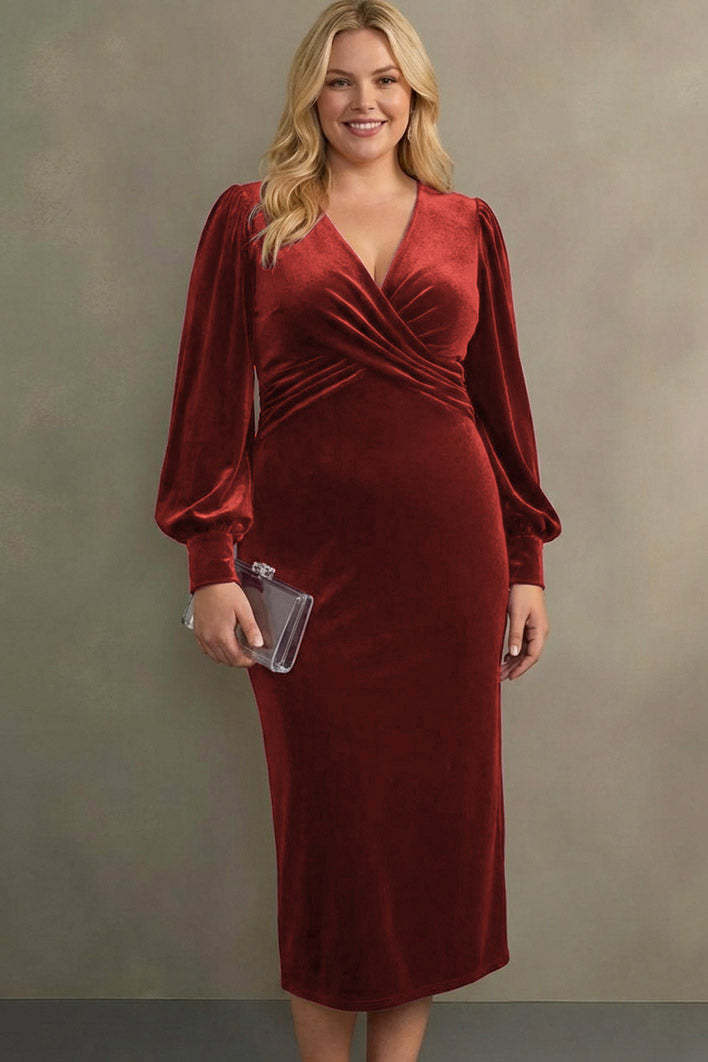 Cabernet Plus Size Velvet Midi Sheath V-Neck Formal Dress with Sleeves
