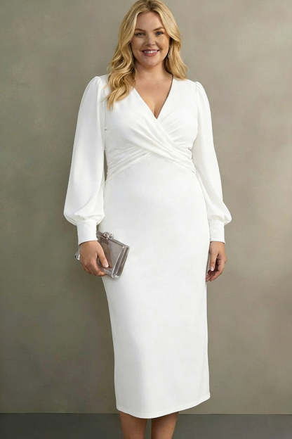 Cabernet Plus Size Velvet Midi Sheath V-Neck Formal Dress with Sleeves