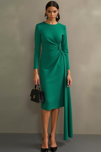 Leely Women Sheath Midi Dark Green Formal Dress Round Neck Evening Dress with Sleeves