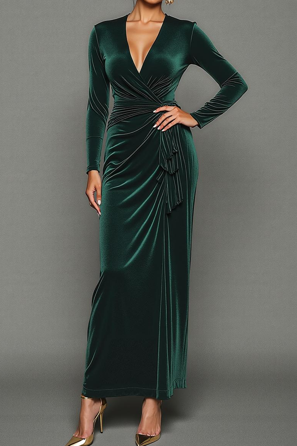 Dark Green Sheath V-Neck Maxi Velvet Formal Dress