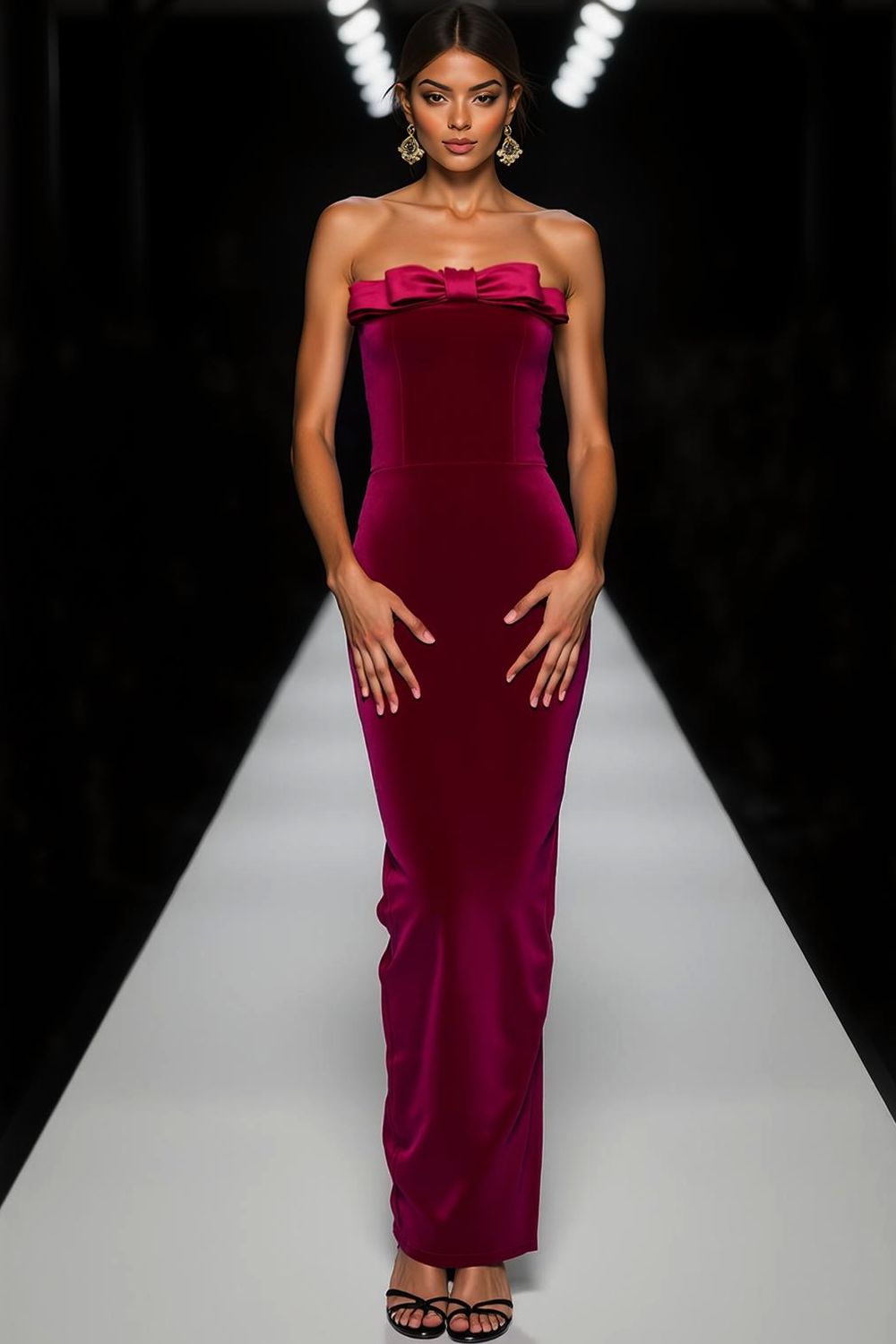 Leely Women Velvet Maxi Cabernet Formal Dress with Bow Strapless Mermaid Holiday Party Dress