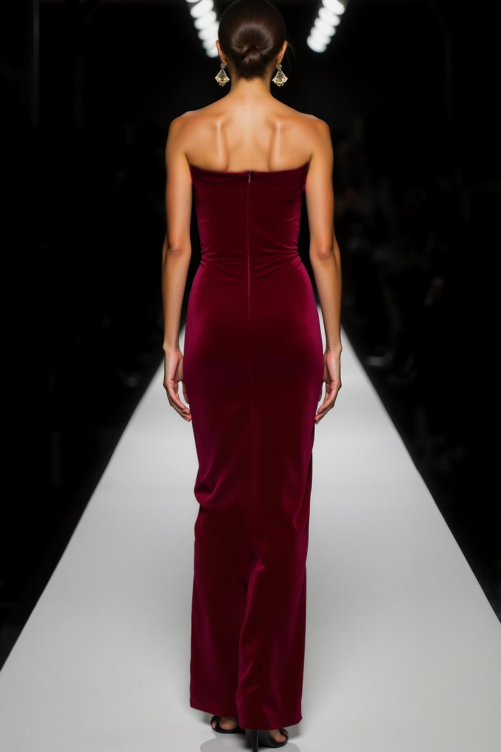 Velvet Strapless Mermaid Maxi Cabernet Formal Dress with Bow