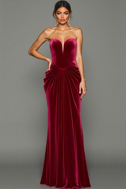 Leely Women Sweetheart Cabernet Velvet Formal Dress Mermaid Long Ruched Holiday Party Dress