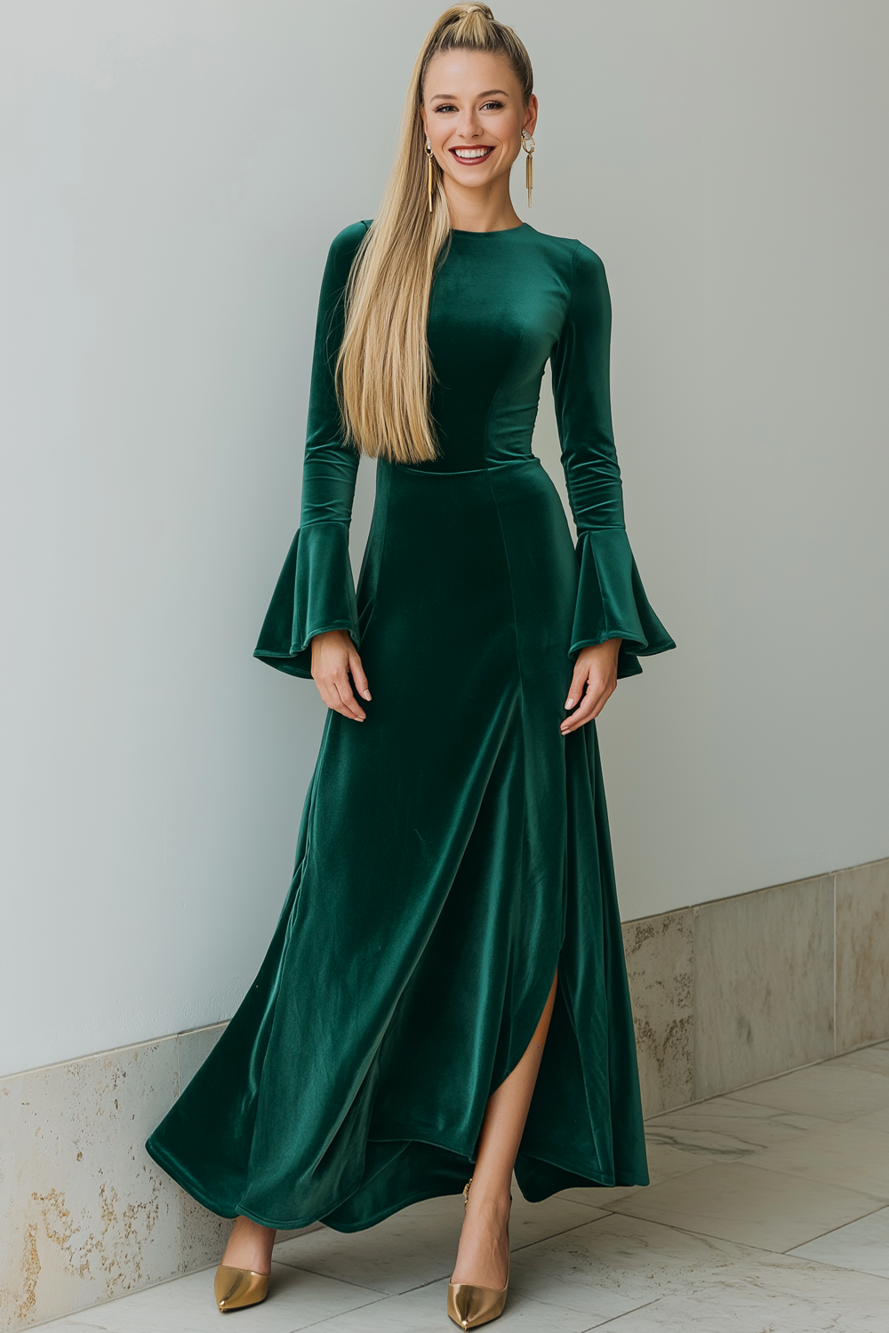 Leely Women Velvet Dark Green Formal Dress with Sleeves A Line Maxi Holiday Party Dress with Slit