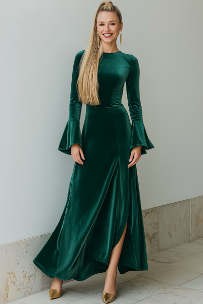Leely Women Velvet Dark Green Formal Dress with Sleeves A Line Maxi Holiday Party Dress with Slit