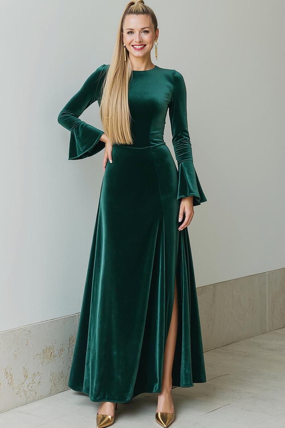 A Line Maxi Velvet Dark Green Formal Dress with Sleeves