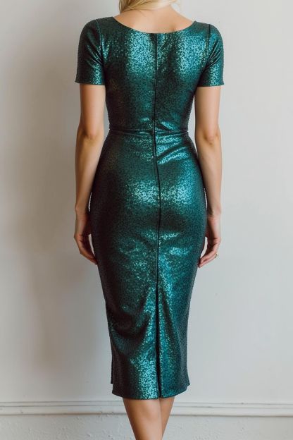 Sparkly Dark Green Sheath Boat Neck Sequin Wedding Guest Dress