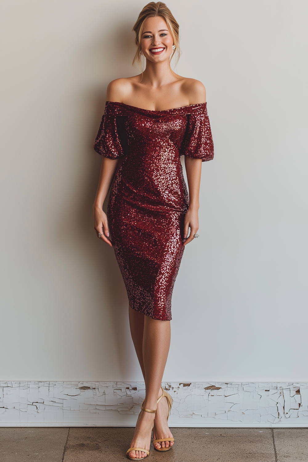 Leely Women Sparkly Sequins Cabernet Midi Cocktail Dress Sheath Off the Shoulder Party Dress
