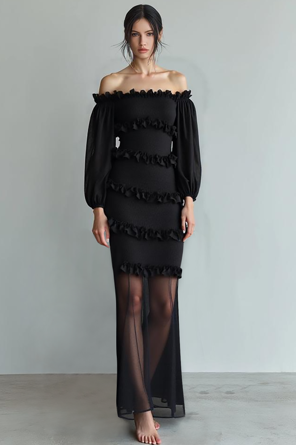 Chiffon Sheath Long Black Formal Dress with Tulle