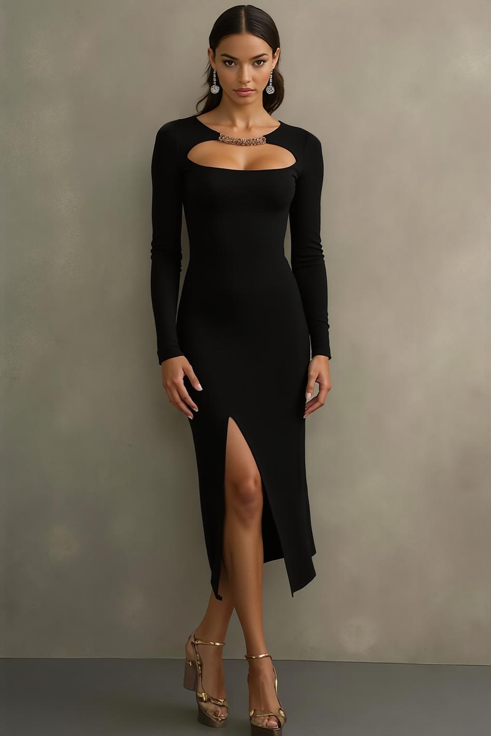 Midi Sheath Round Neck Black Formal Dress with Slit
