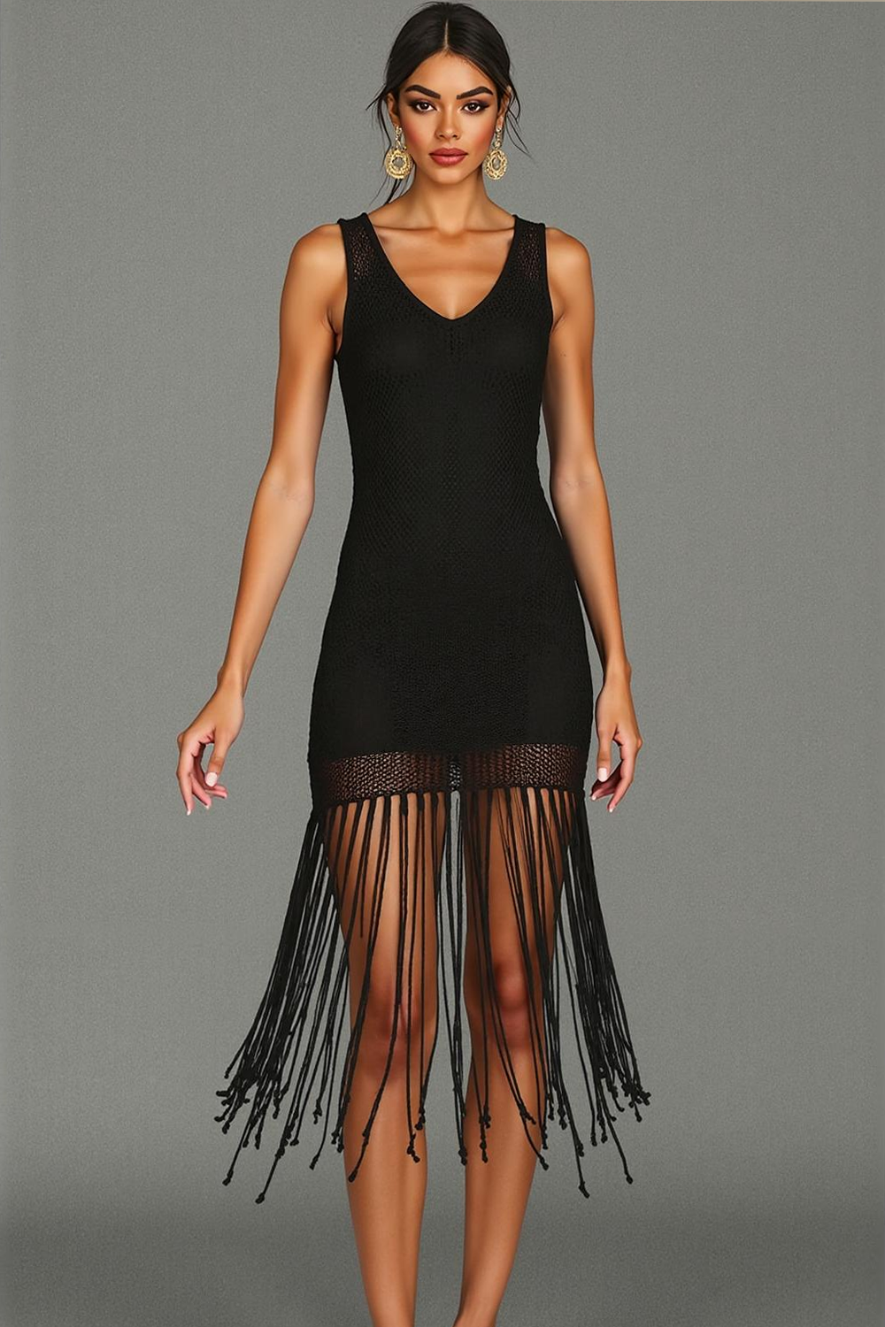 Leely Women Black Midi Cocktail Dress with Fringes Sheath Thick Straps Party Dress