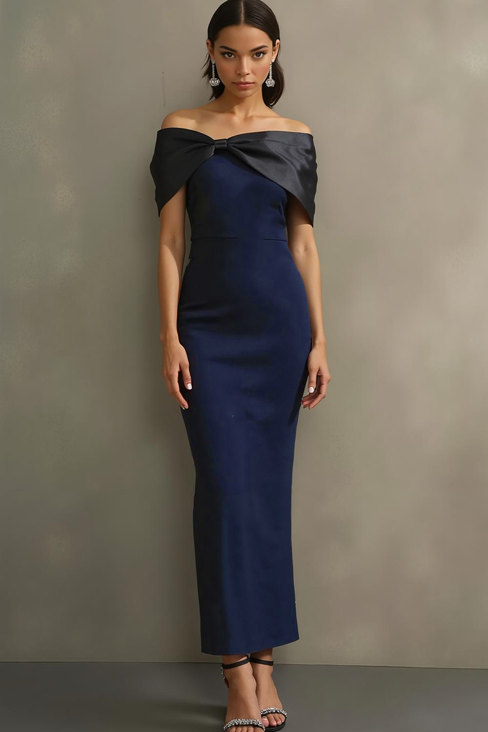 Leely Women Navy Mermaid Maxi Formal Dress Off the Shoulder Evening Dress with Bow