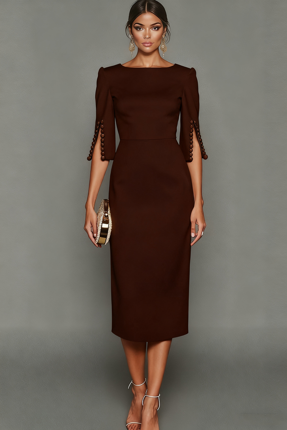 Midi Sheath Bateau Neck White Formal Dress