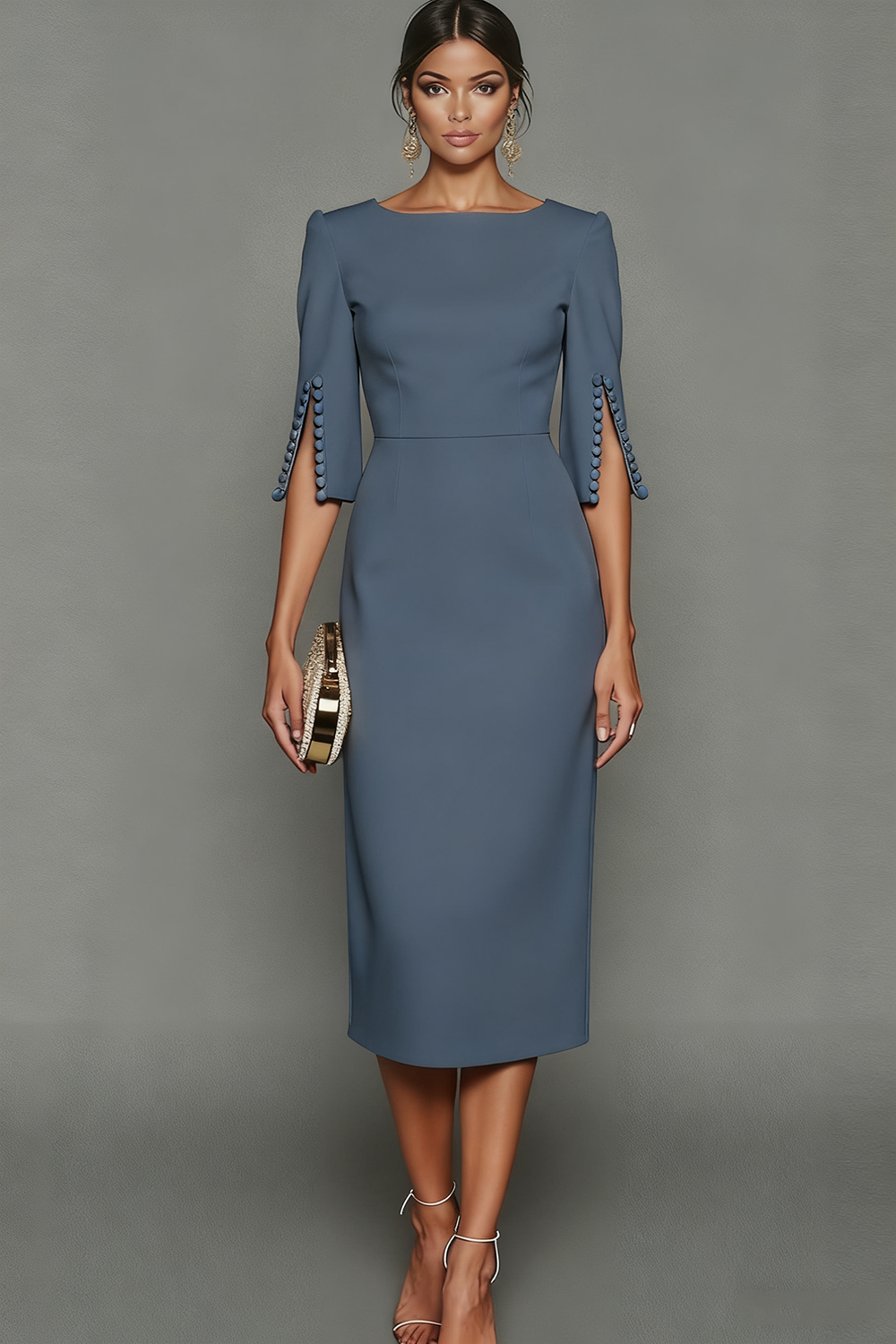 Midi Sheath Bateau Neck White Formal Dress