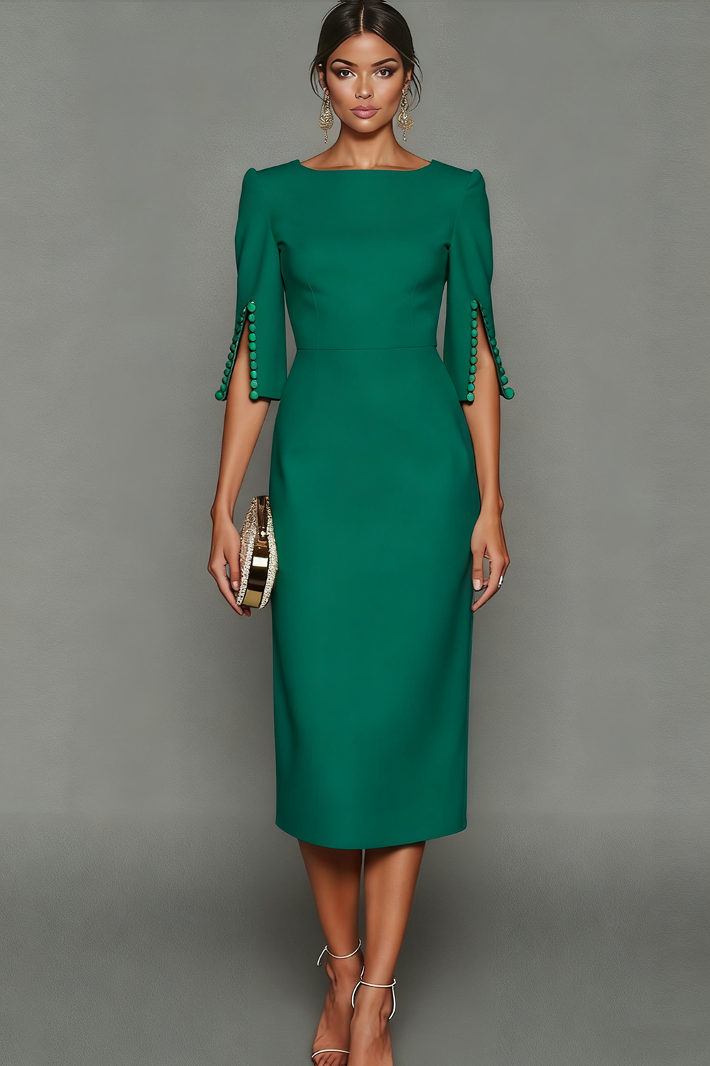 Midi Sheath Bateau Neck White Formal Dress