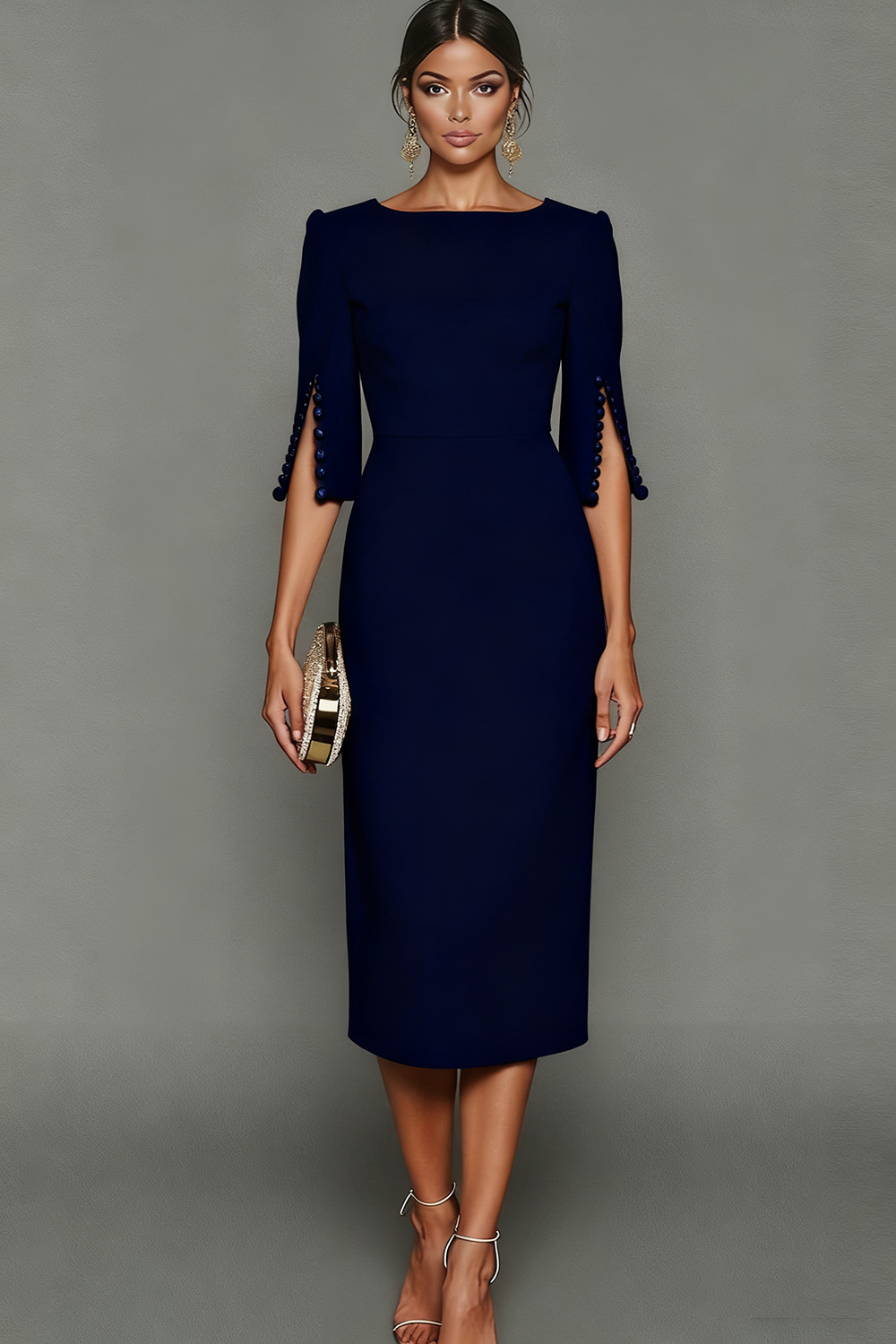 Midi Sheath Bateau Neck White Formal Dress