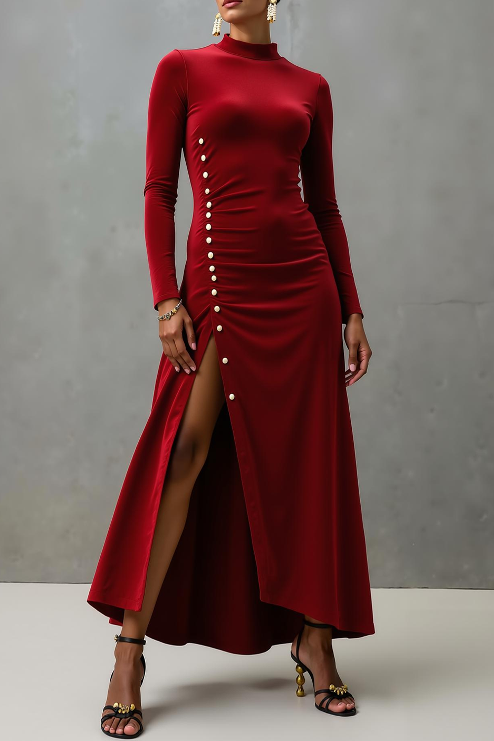 Leely Women Cabernet Velvet Maxi Formal Dress with Slit High Neck Long Sleeves Holiday Party Dress with Buttons