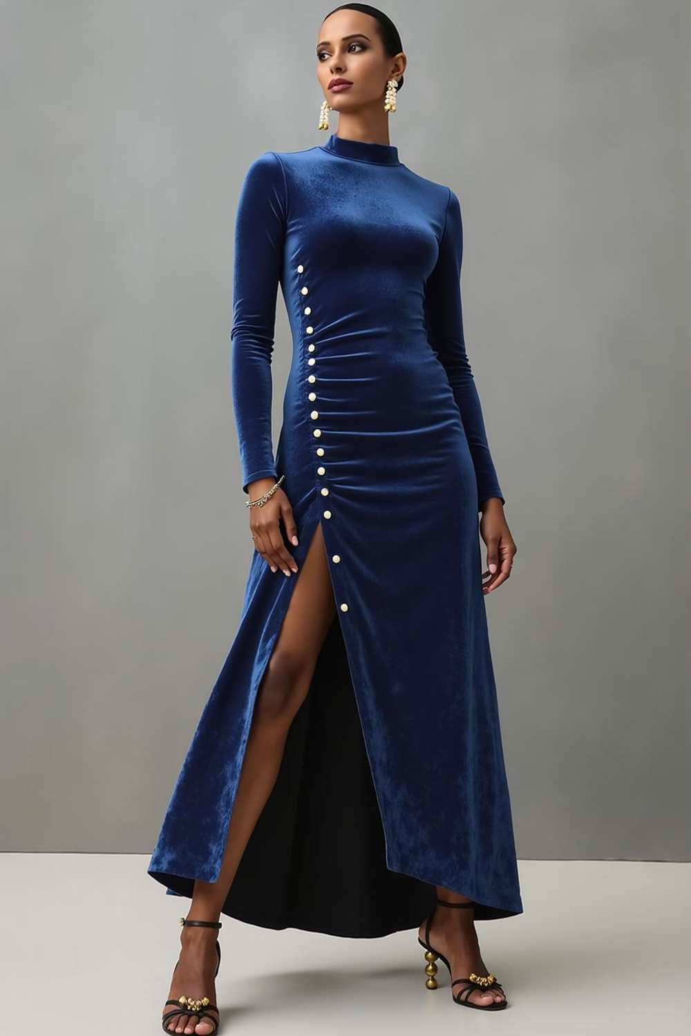 Cabernet Velvet High Neck Maxi Formal Dress with Slit