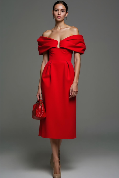 Leely Women Red Midi Simple Formal Dress Off the Shoulder Sheath Evening Dress