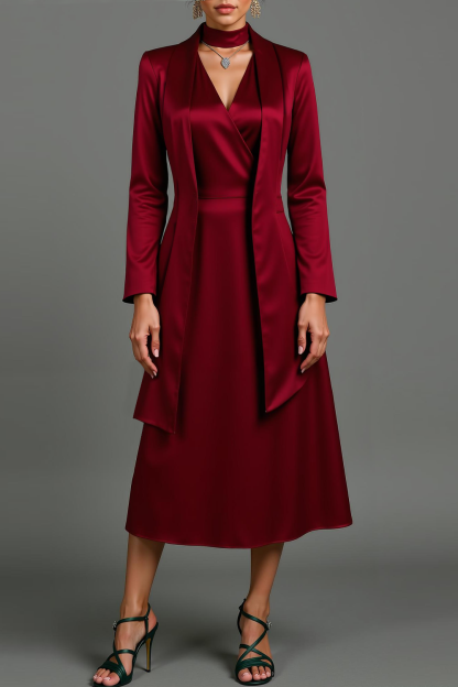 Golden Satin Neck Scarf Maxi Formal Dress with Sleeves