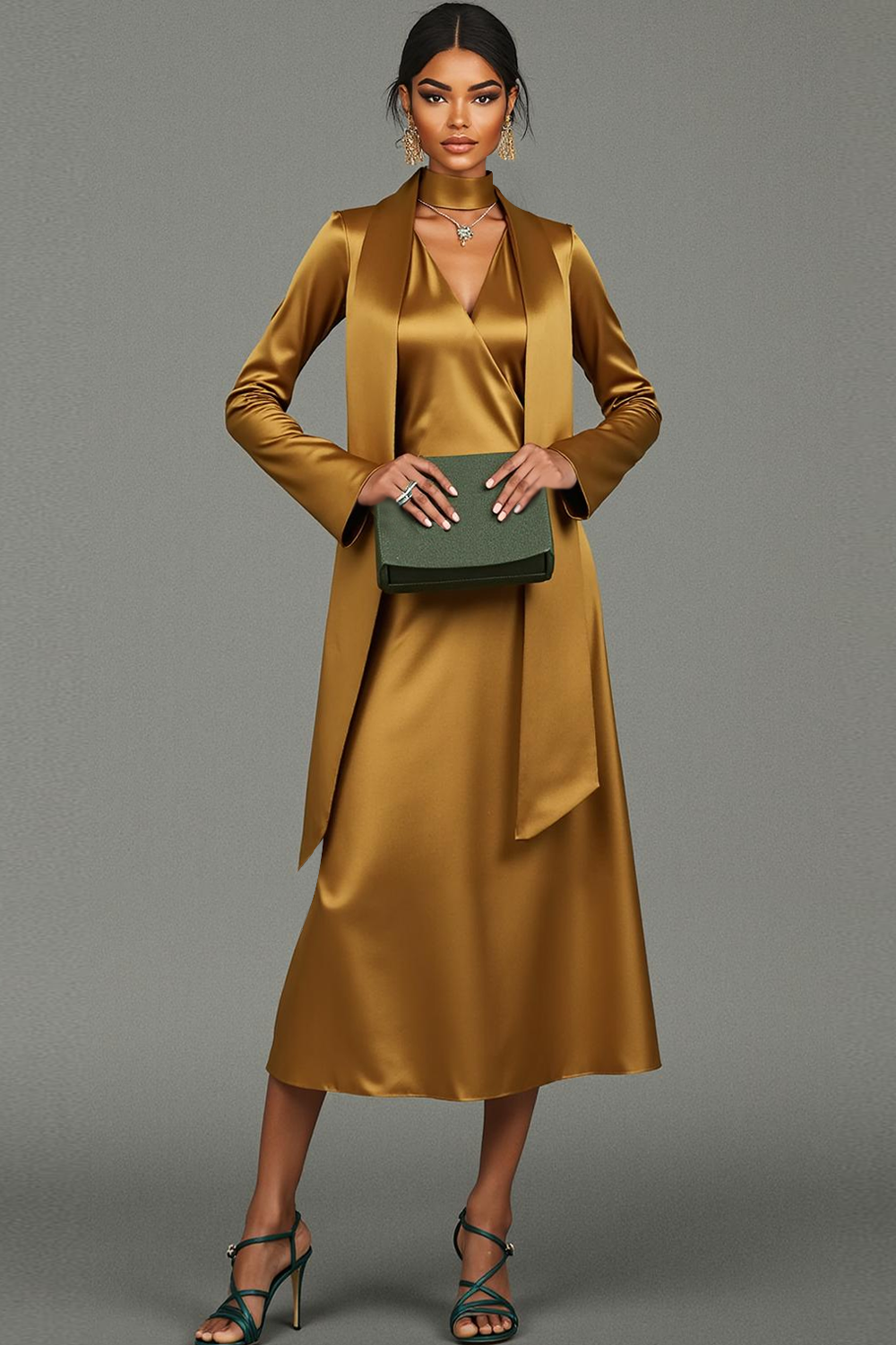 Leely Women Golden Satin A Line Maxi Formal Dress V Neck Long Sleeves Neck Scarf Evening Dress