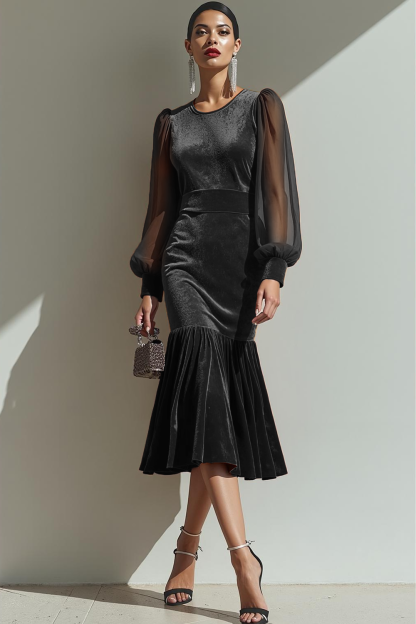 Brown Velvet Mermaid Lantern Sleeves Formal Dress